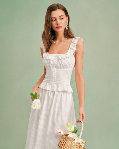 White Square Neck Ruffle Tank Top