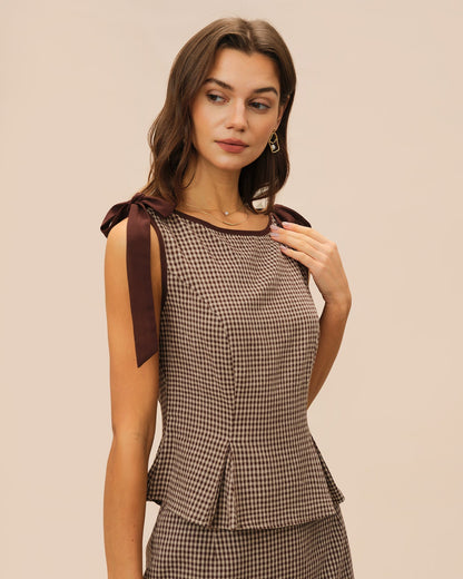Brown Boat Neck Plaid Tank Top