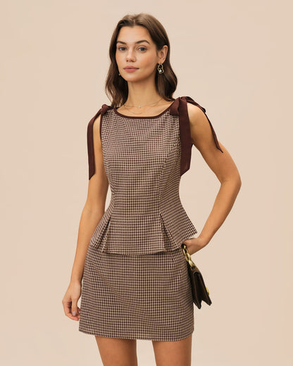 Brown Boat Neck Plaid Tank Top