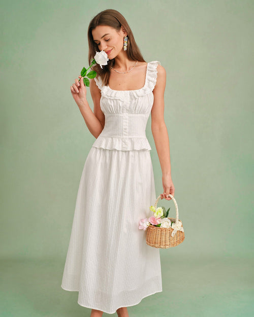 White Square Neck Ruffle Tank Top