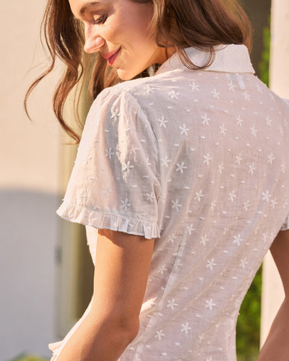White Collar Embroidery Ruffle Tee
