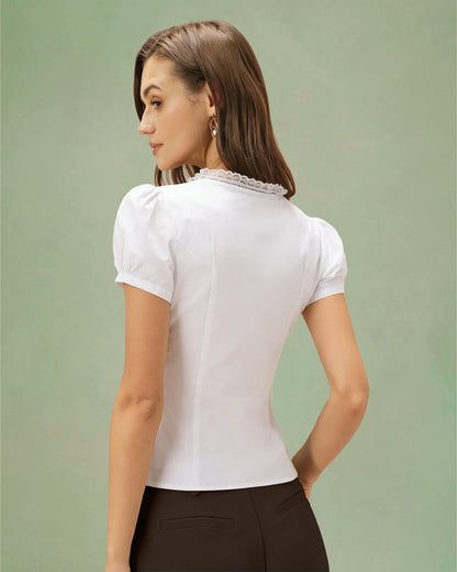 White V Neck Puffed Sleeve Tee
