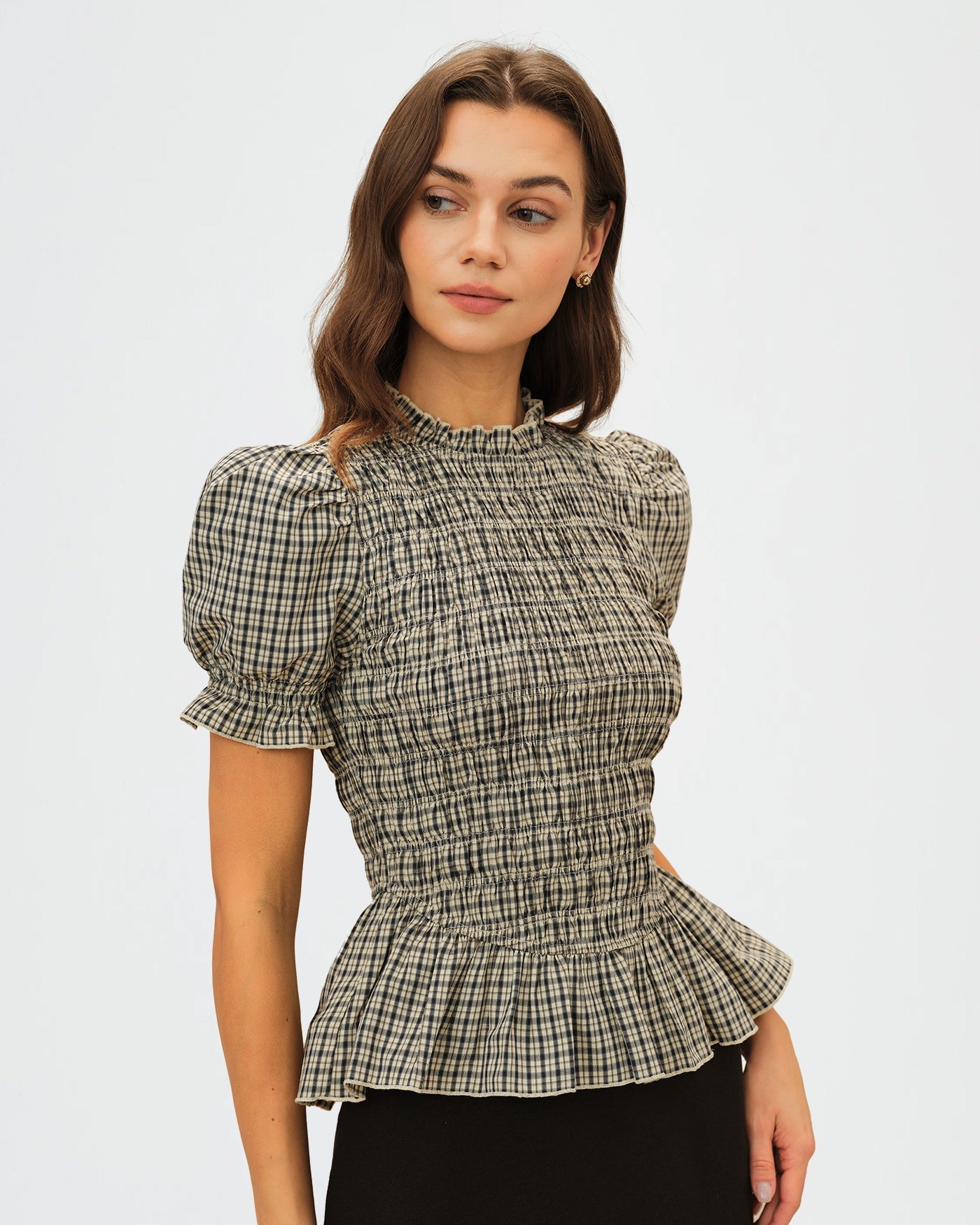 Apricot Lantern Sleeve Shirred Plaid Tee