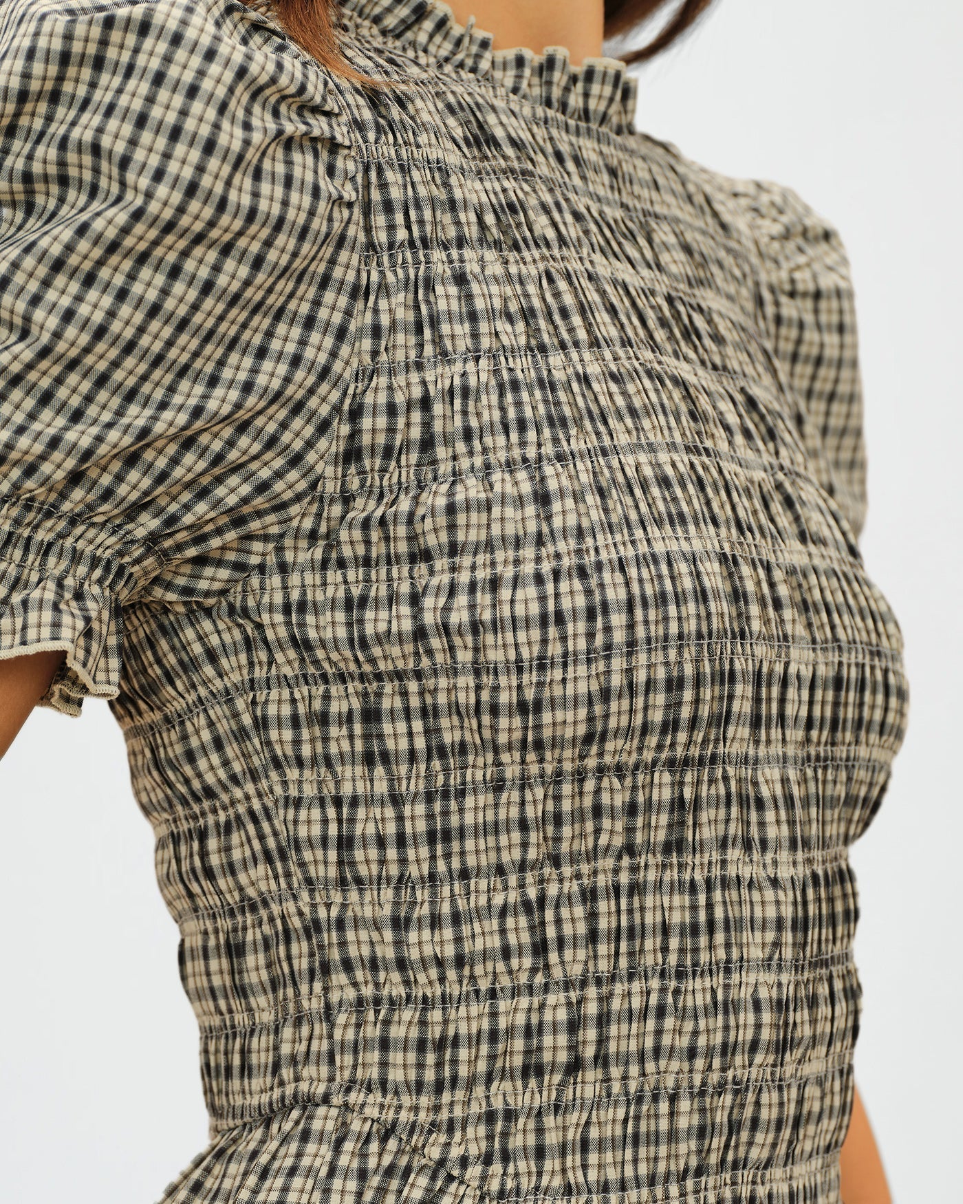Apricot Lantern Sleeve Shirred Plaid Tee
