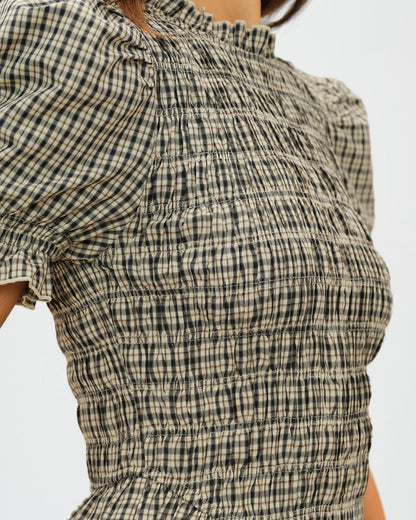 Apricot Lantern Sleeve Shirred Plaid Tee