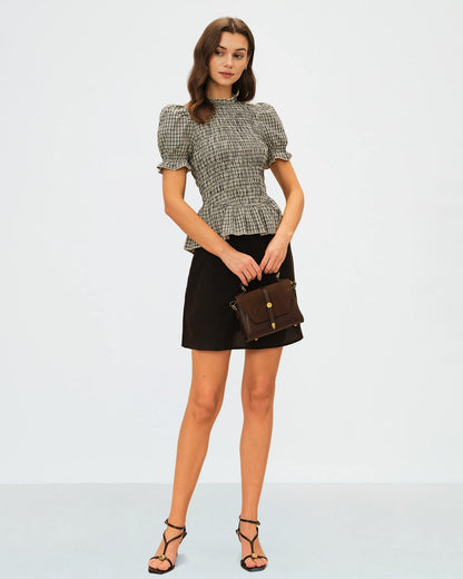 Apricot Lantern Sleeve Shirred Plaid Tee