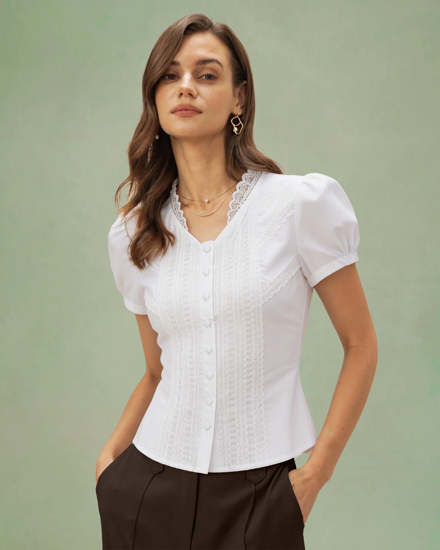 White V Neck Puffed Sleeve Tee