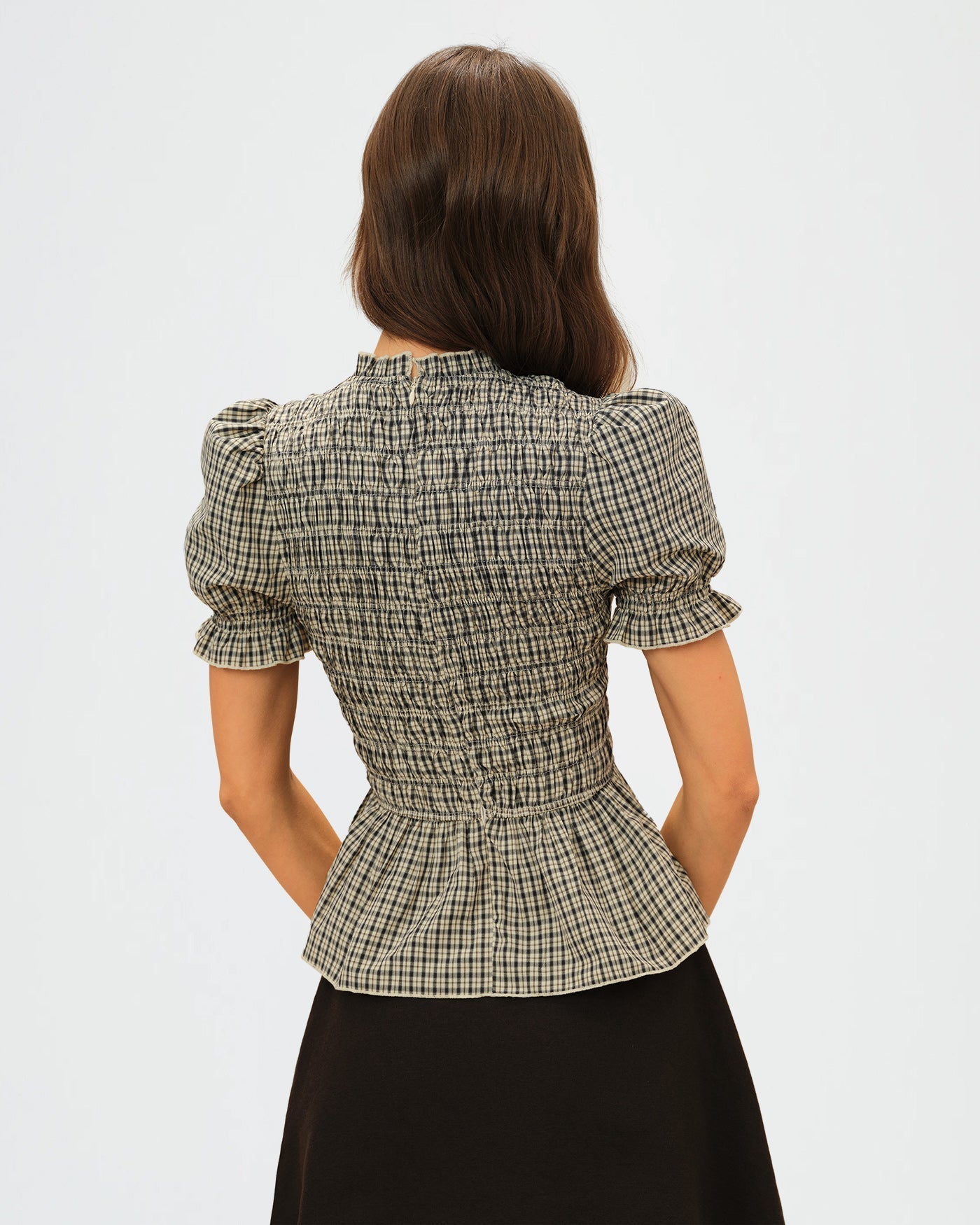 Apricot Lantern Sleeve Shirred Plaid Tee