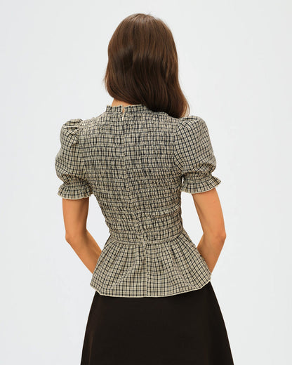 Apricot Lantern Sleeve Shirred Plaid Tee