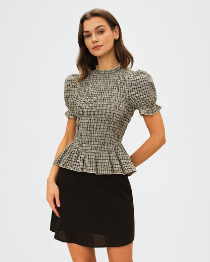 Apricot Lantern Sleeve Shirred Plaid Tee