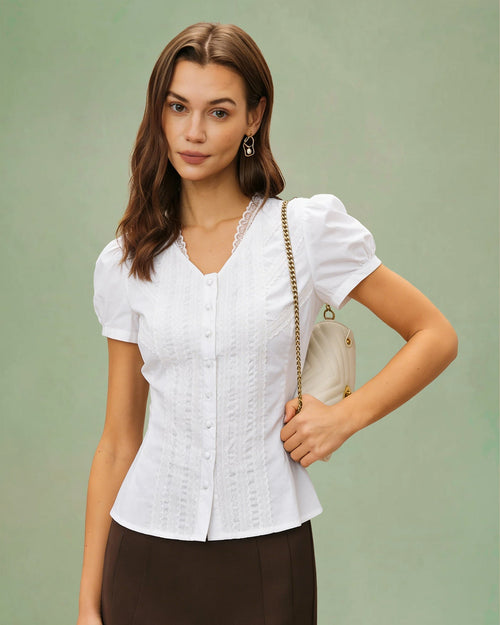 White V Neck Puffed Sleeve Tee