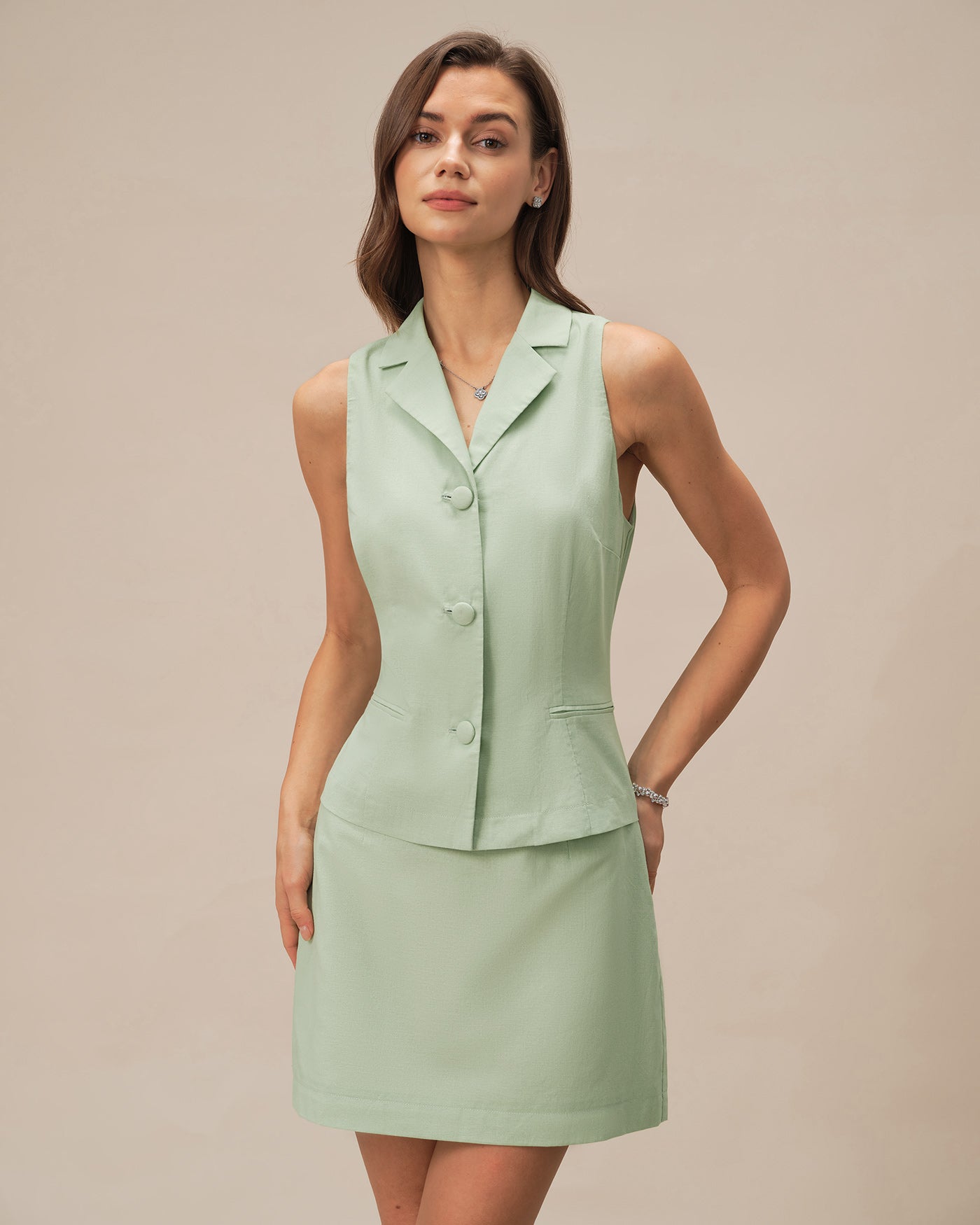 Green Collar Single Breasted Vest