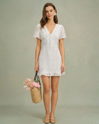 White V Neck Jacquard Mini Dress