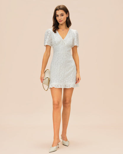 White V Neck Jacquard Mini Dress