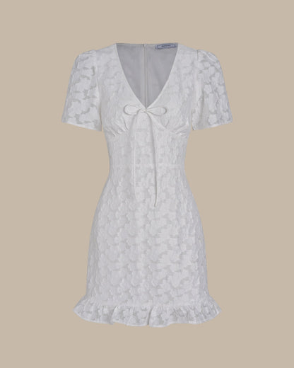 White V Neck Jacquard Mini Dress