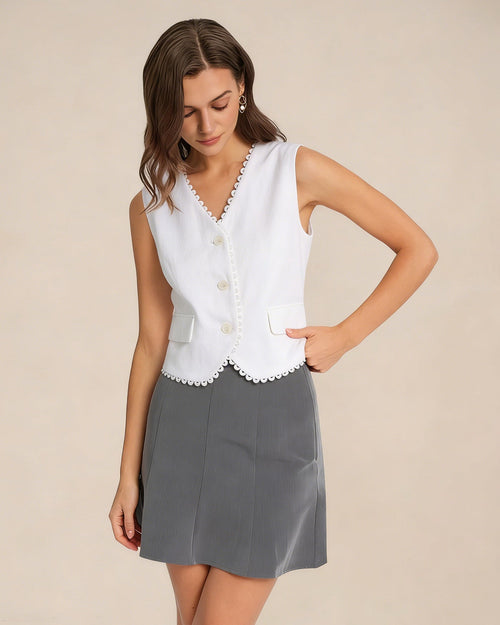 White V Neck Single Breasted Vest