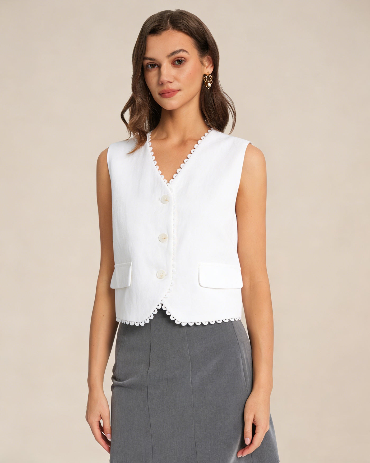White V Neck Single Breasted Vest