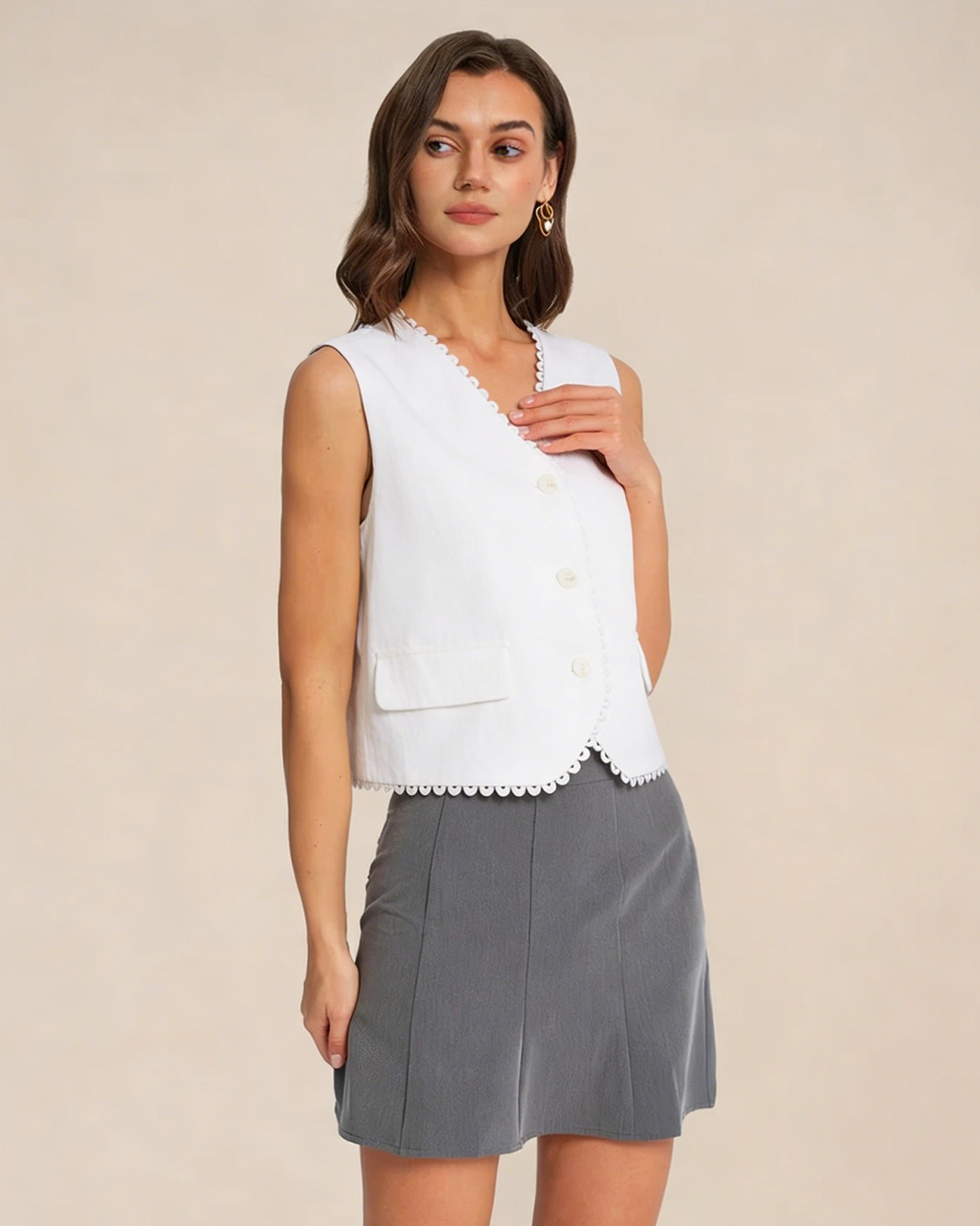 White V Neck Single Breasted Vest
