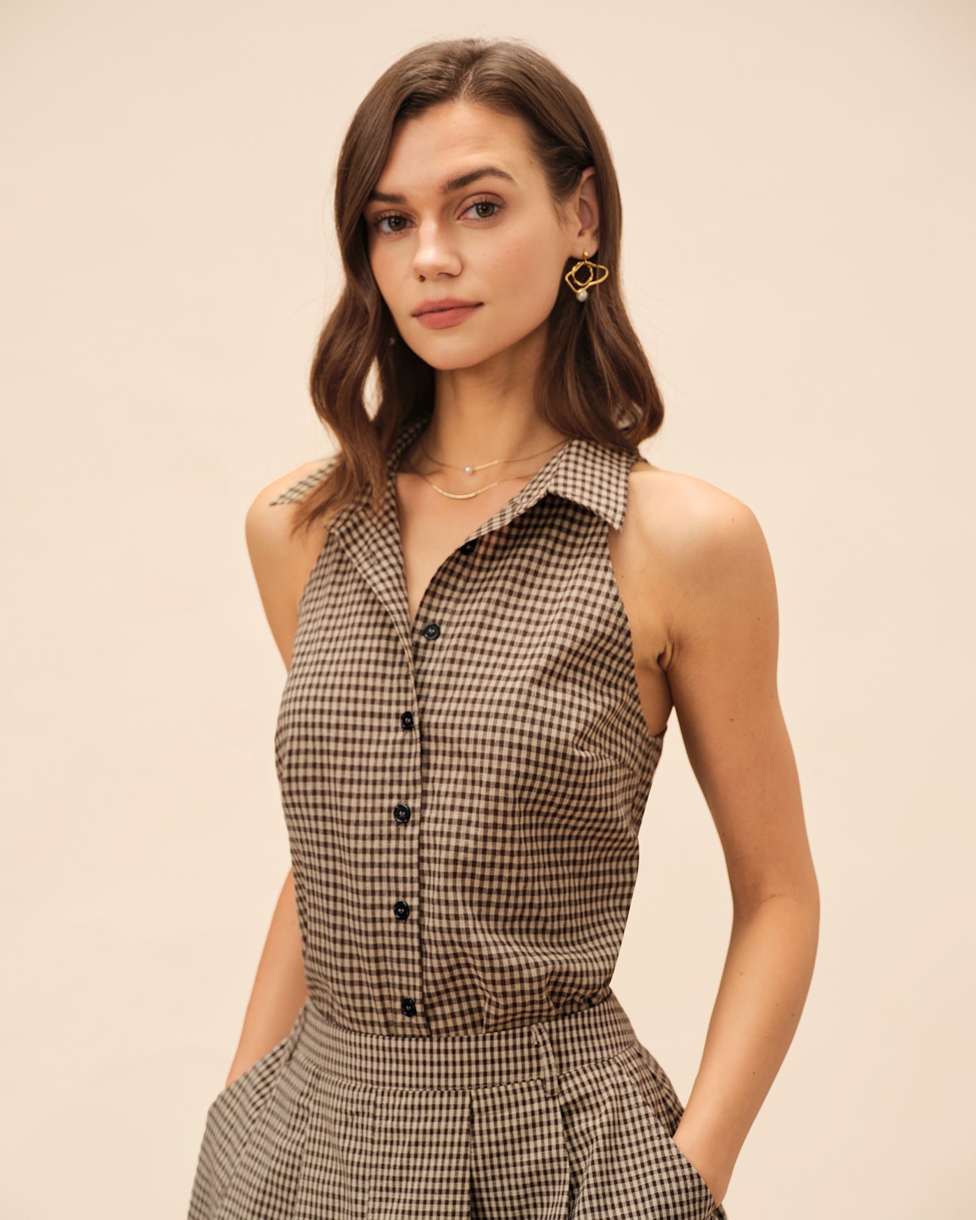 Brown Plaid Collar Blouse