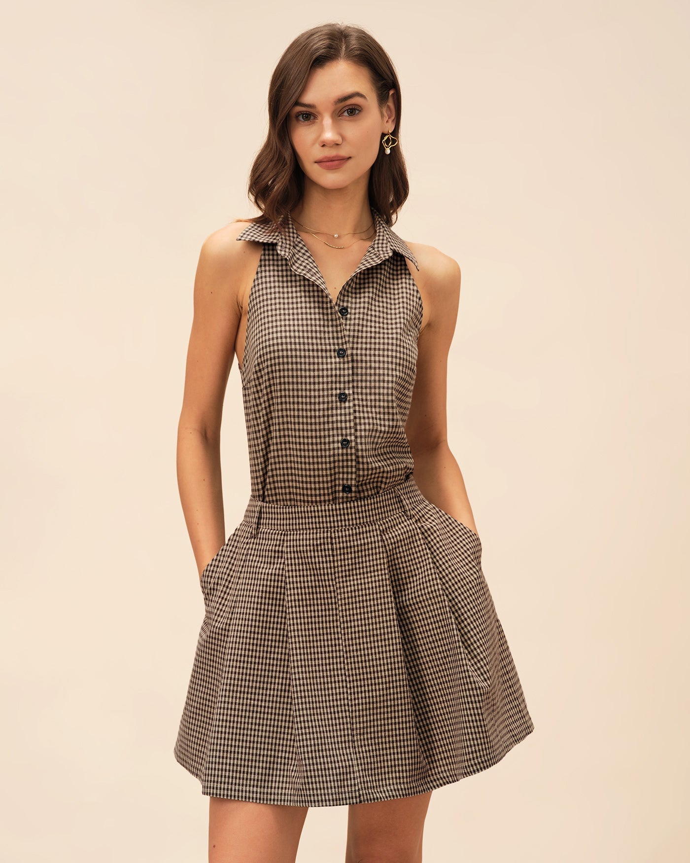 Brown Plaid Collar Blouse