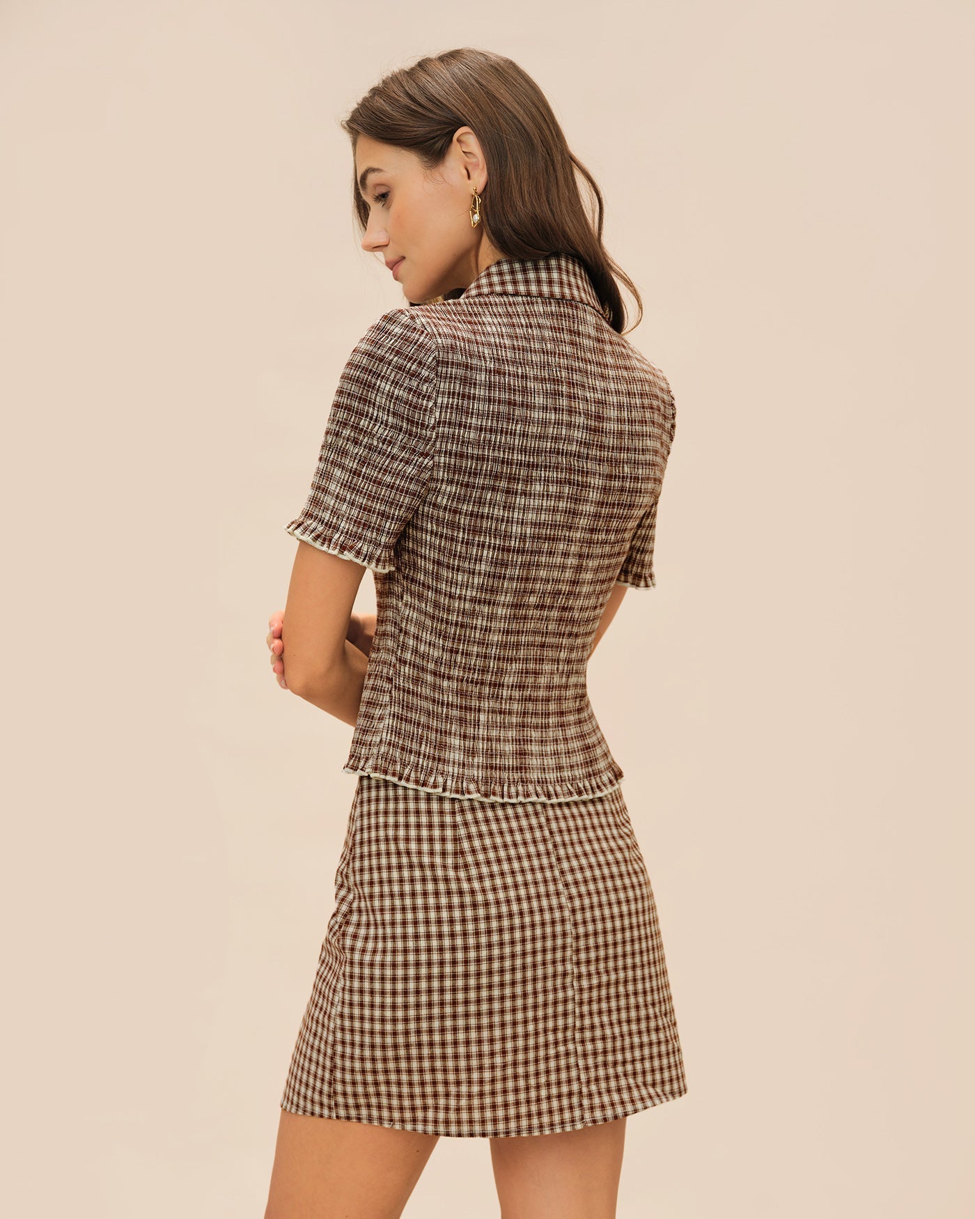 Brown Plaid Button Collar Blouse