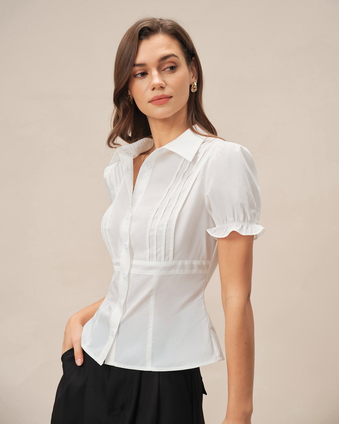 White Puffed Sleeve Collar Blouse