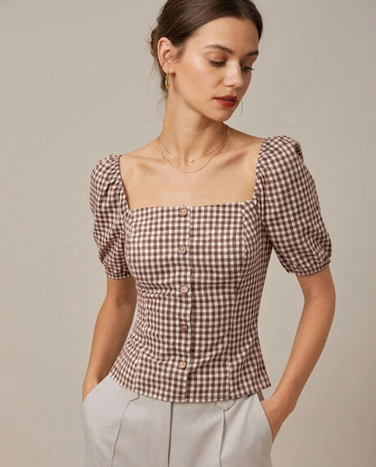 Brown Square Neck Puffed Sleeve Plaid Blouse