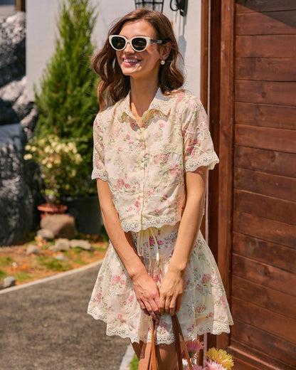 Floral Collar Lace Pockets Blouse