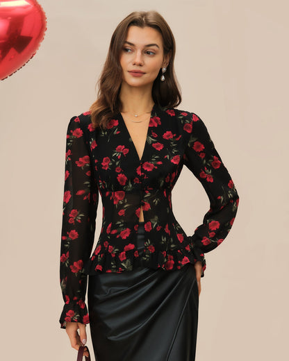 Black Floral V Neck Blouse