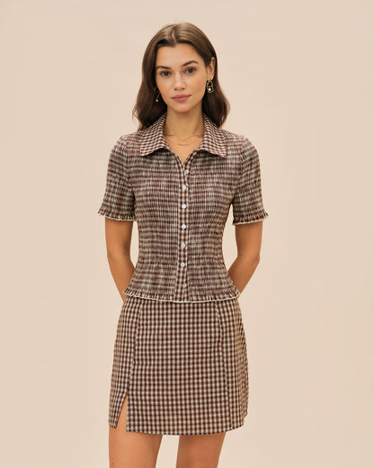 Brown Plaid Button Collar Blouse
