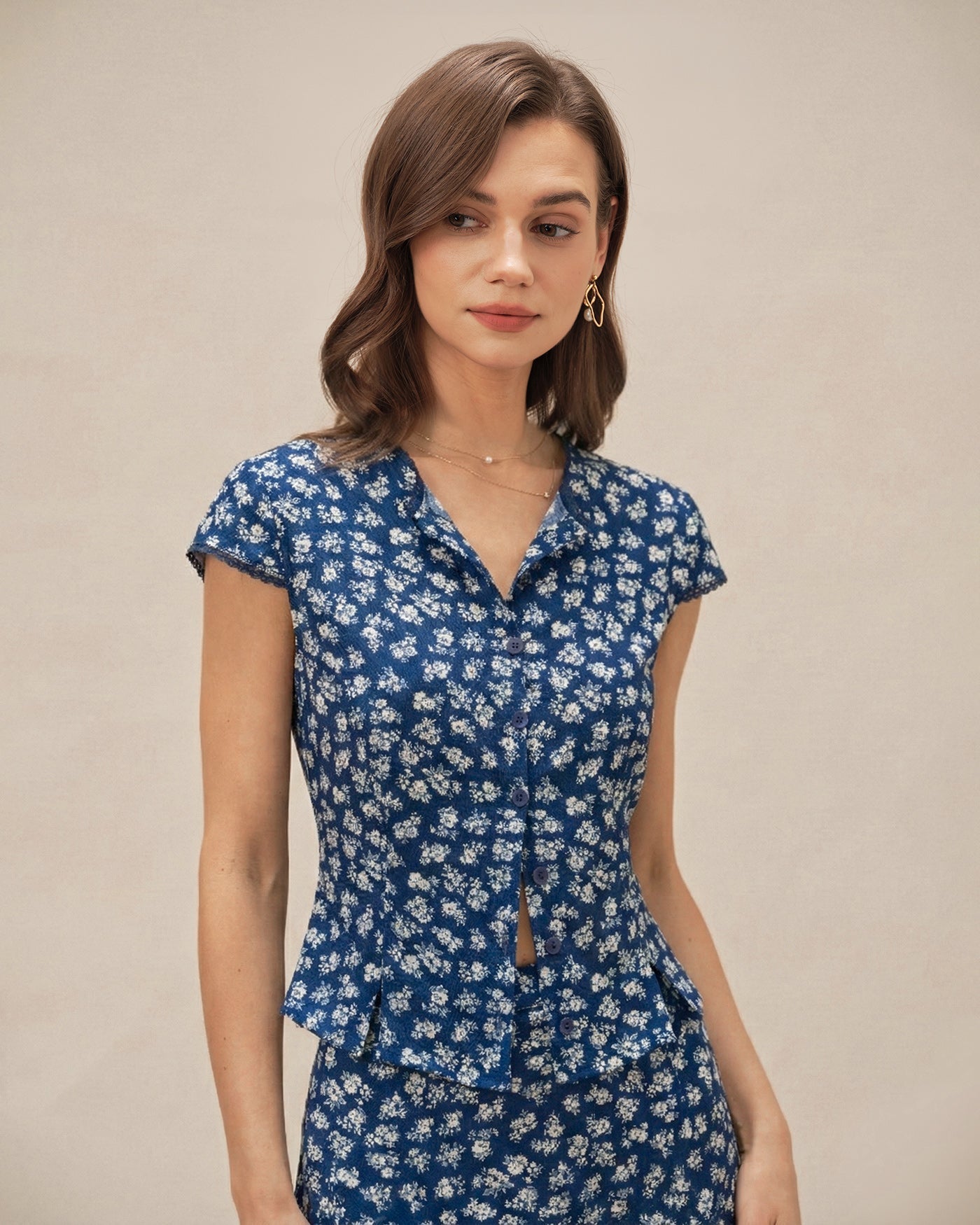Blue Floral Cap Sleeve Button Blouse