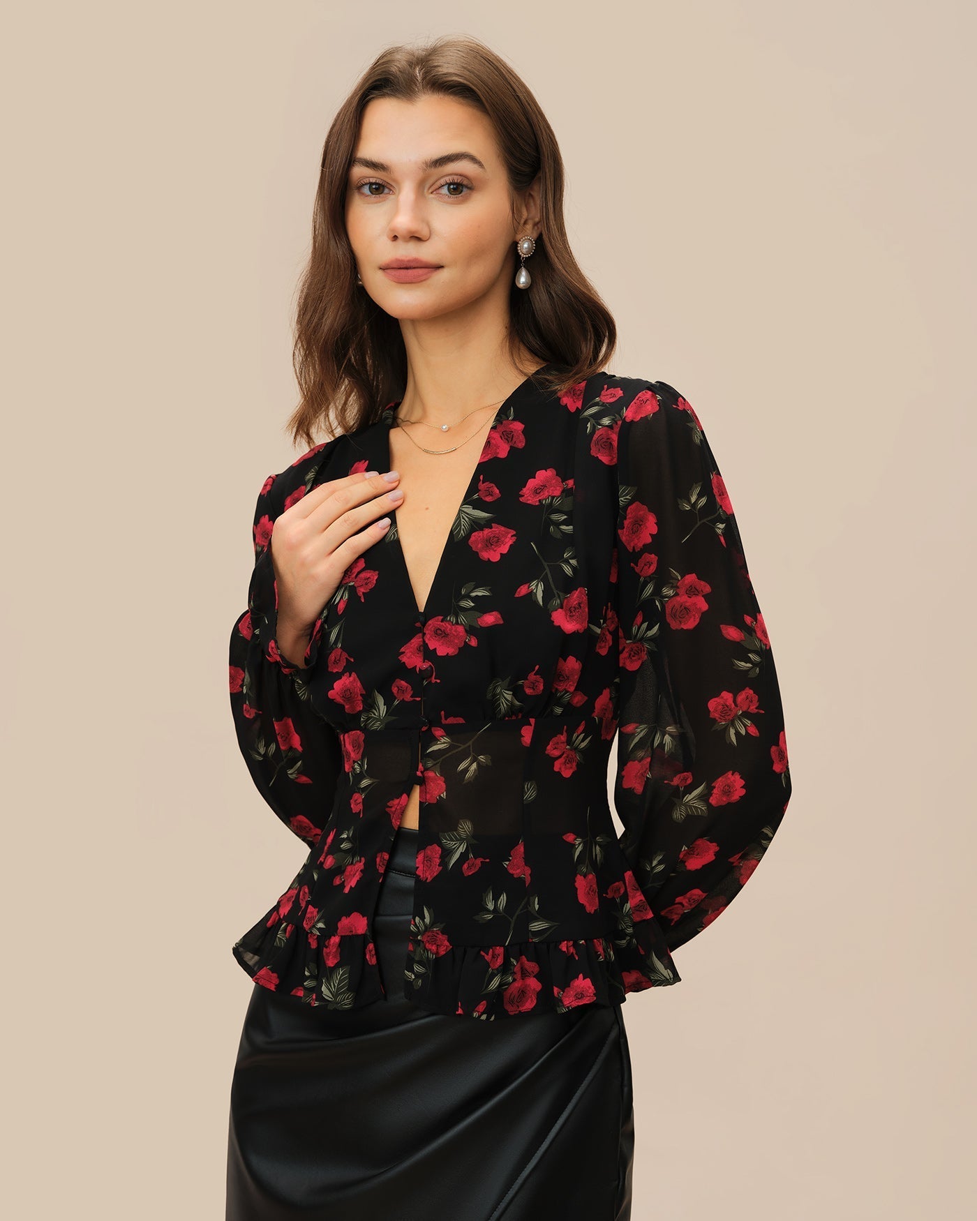 Black Floral V Neck Blouse