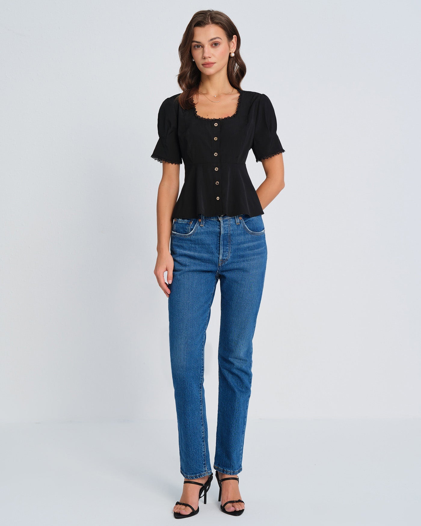 Black Square Neck Lace Blouse