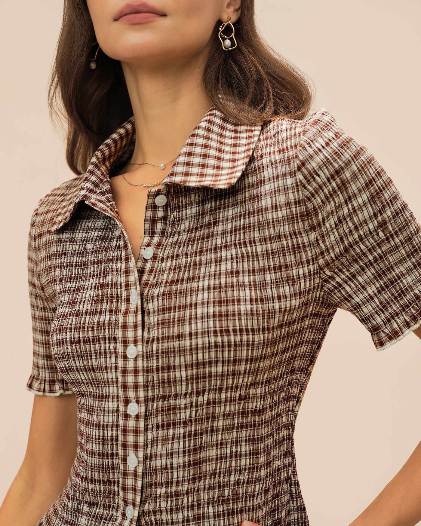 Brown Plaid Button Collar Blouse