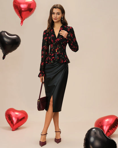 Black Floral V Neck Blouse