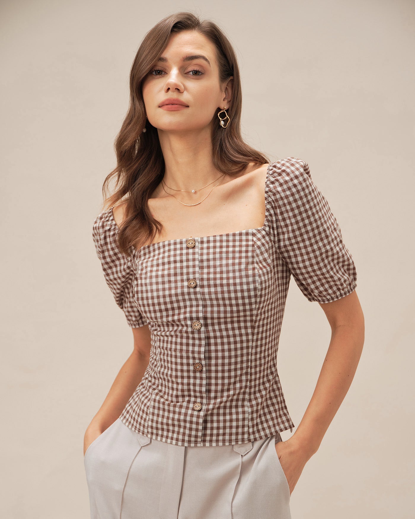 Brown Square Neck Puffed Sleeve Plaid Blouse