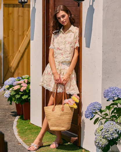 Floral Collar Lace Pockets Blouse