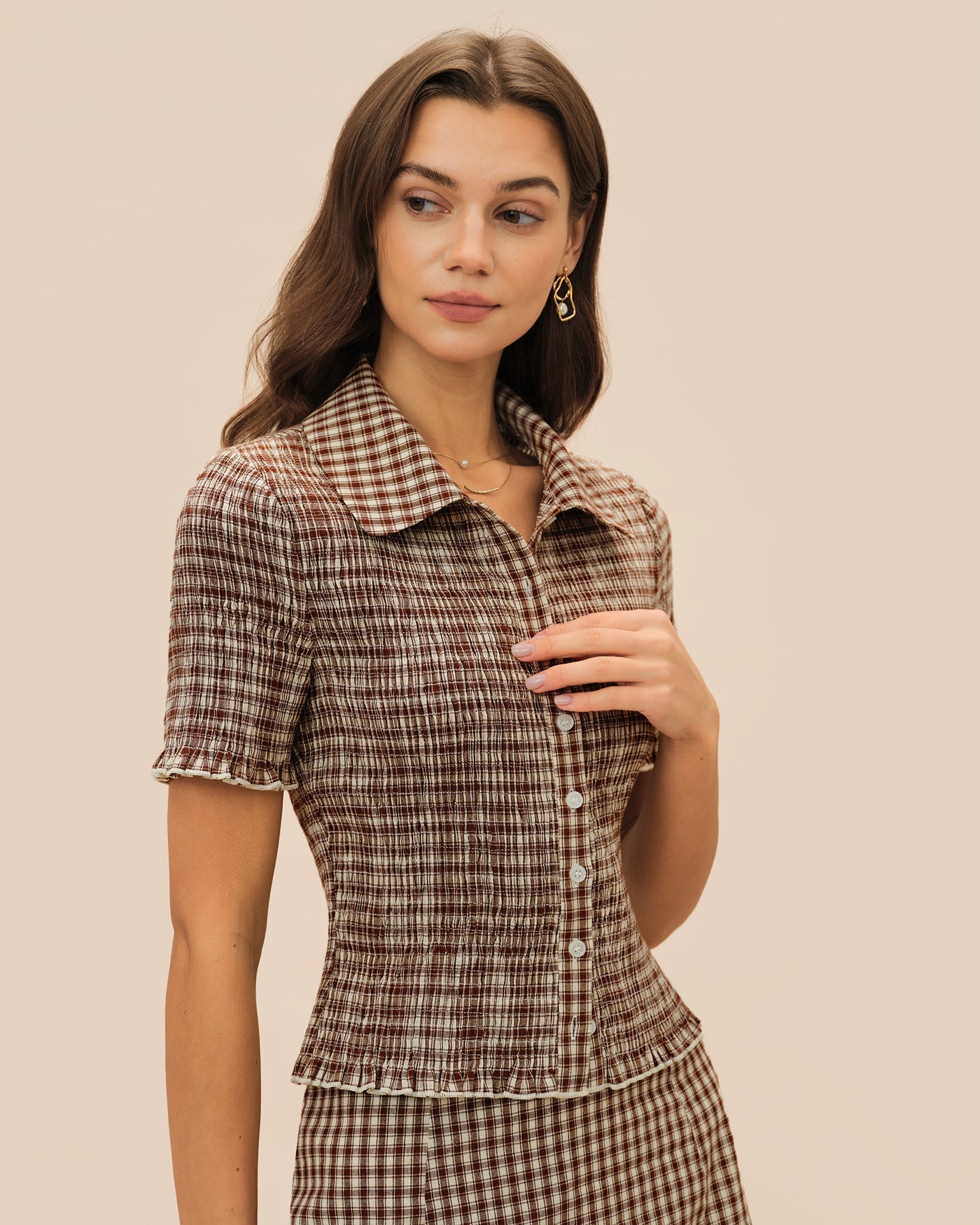 Brown Plaid Button Collar Blouse