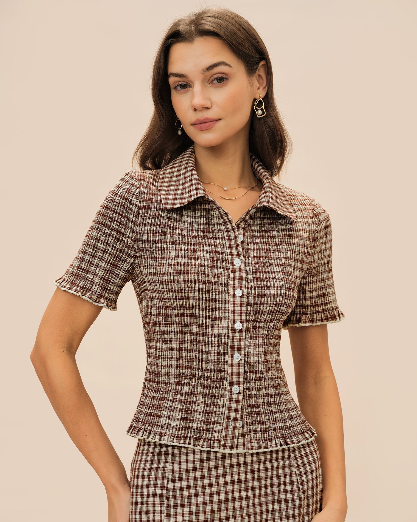 Brown Plaid Button Collar Blouse