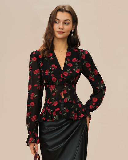 Black Floral V Neck Blouse
