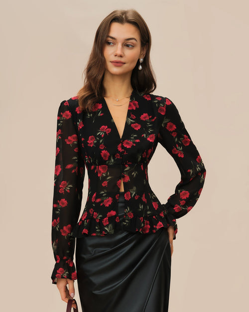 Black Floral V Neck Blouse