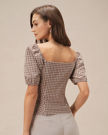 Brown Square Neck Puffed Sleeve Plaid Blouse