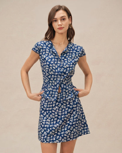 Blue Floral Cap Sleeve Button Blouse
