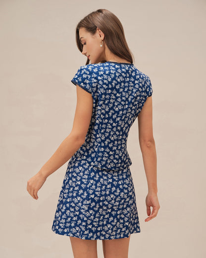 Blue Floral Cap Sleeve Button Blouse