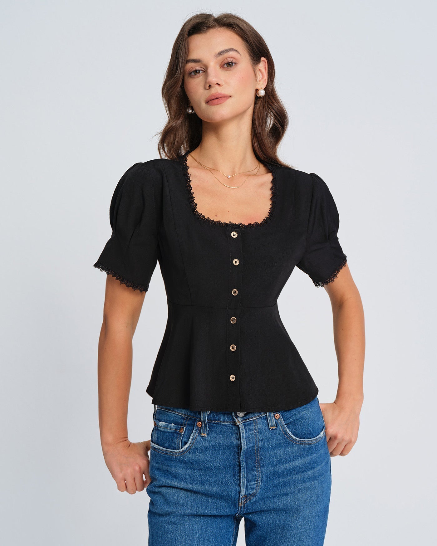Black Square Neck Lace Blouse