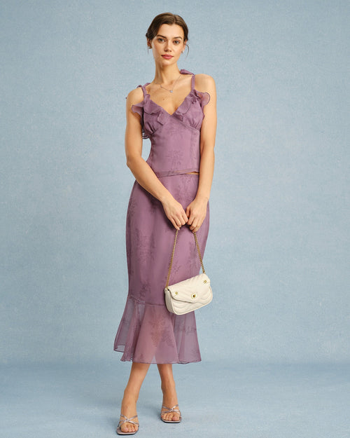 Purple V Neck Floral Ruffle Camis