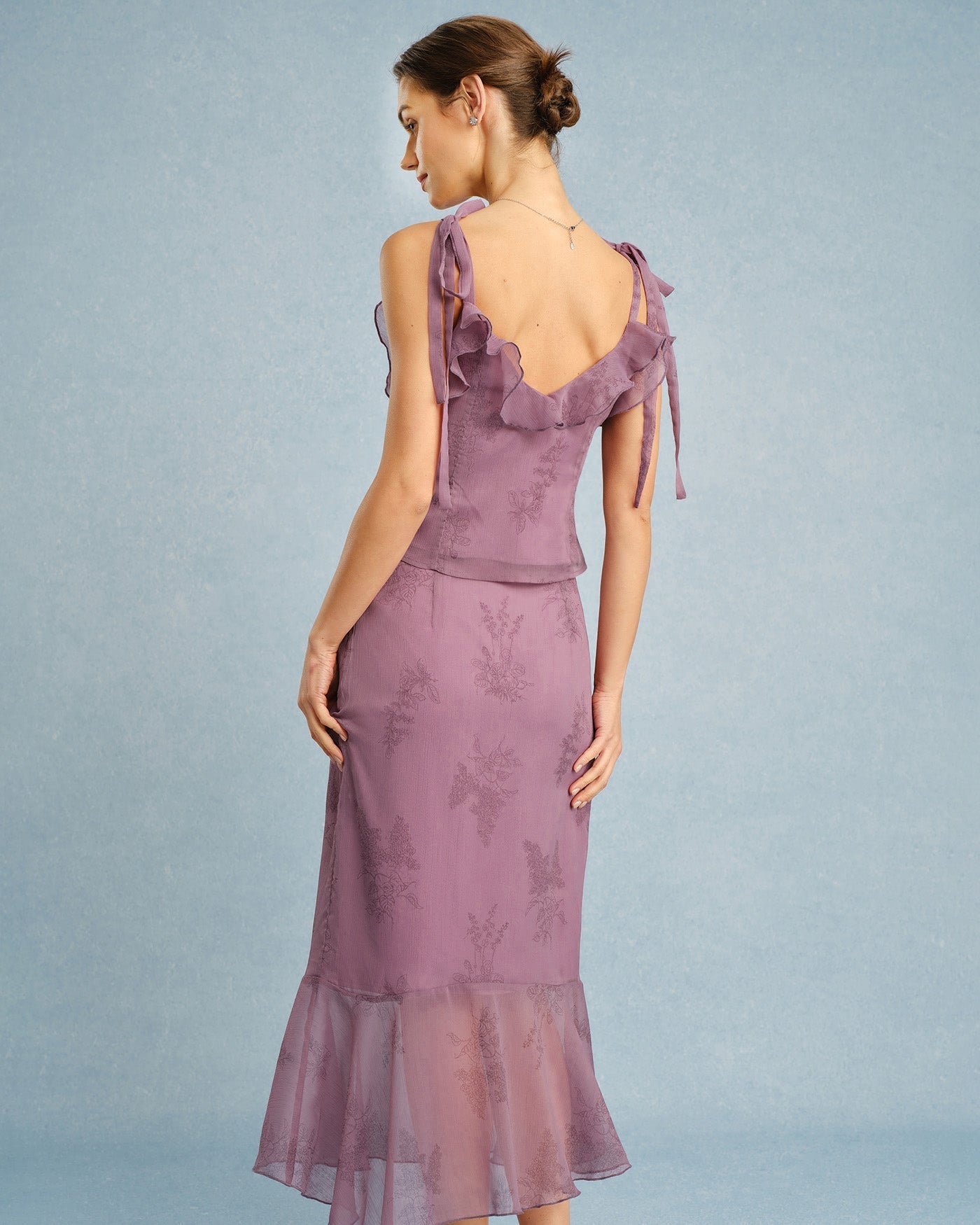 Purple V Neck Floral Ruffle Camis