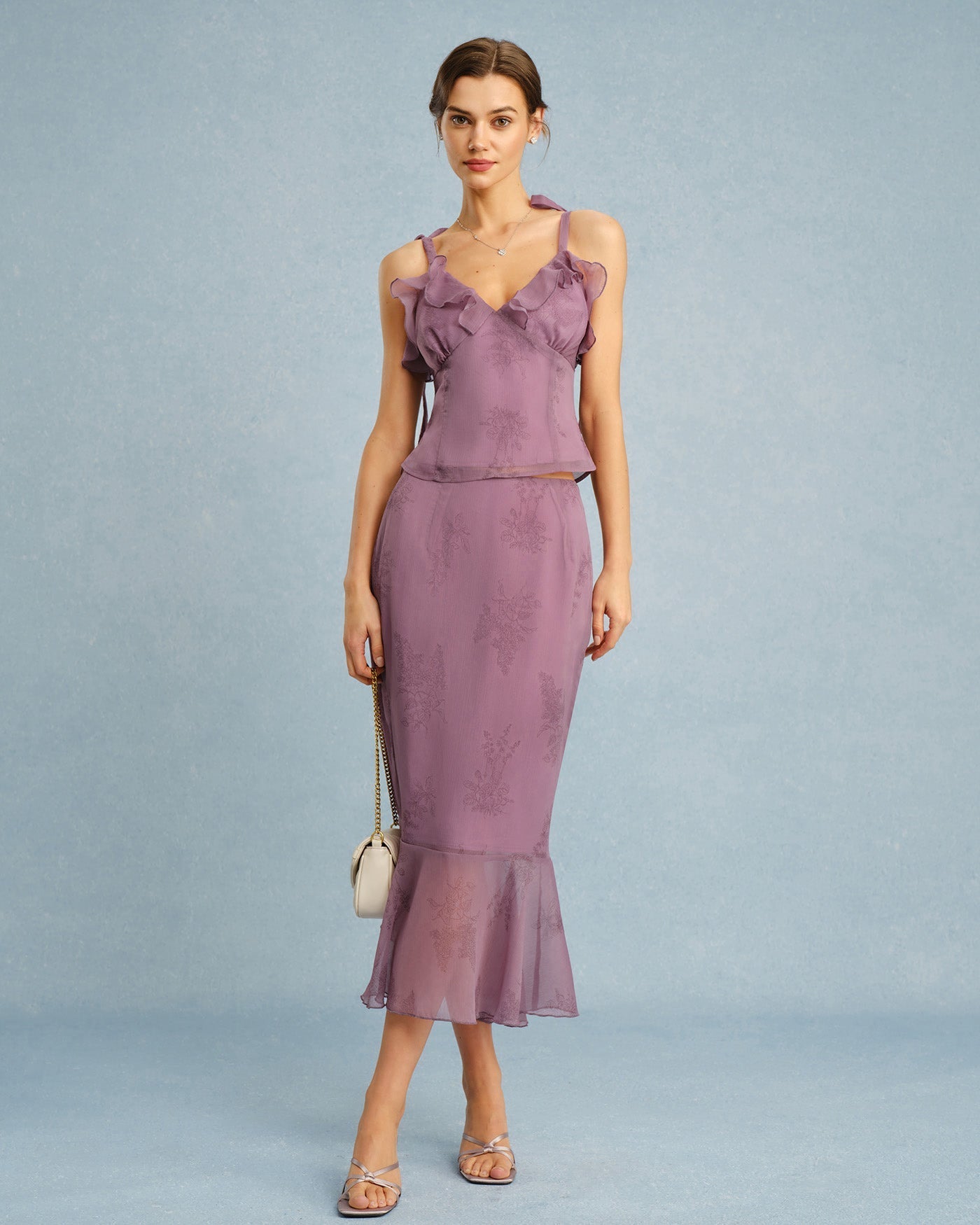 Purple V Neck Floral Ruffle Camis