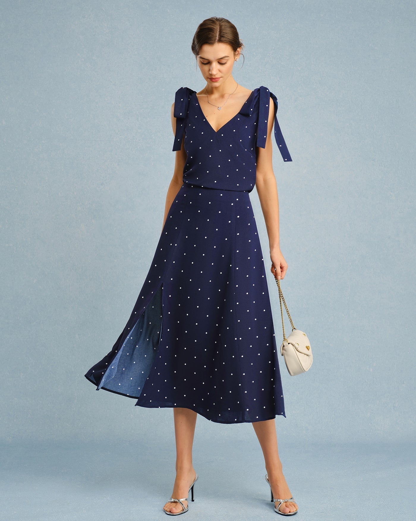 Navy V Neck Polka Dot Cami Top