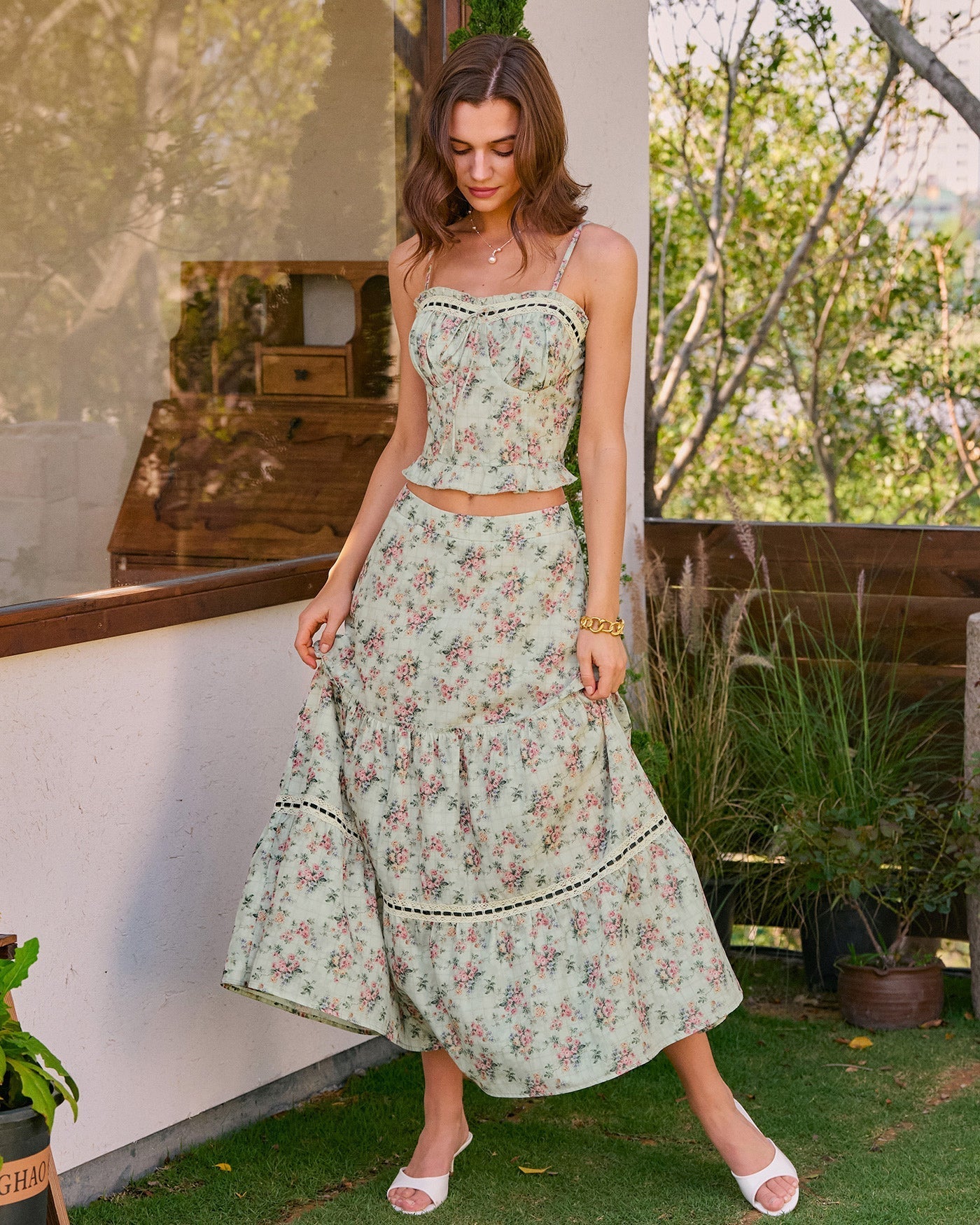 Green Sweetheart Neck Floral Cami Top